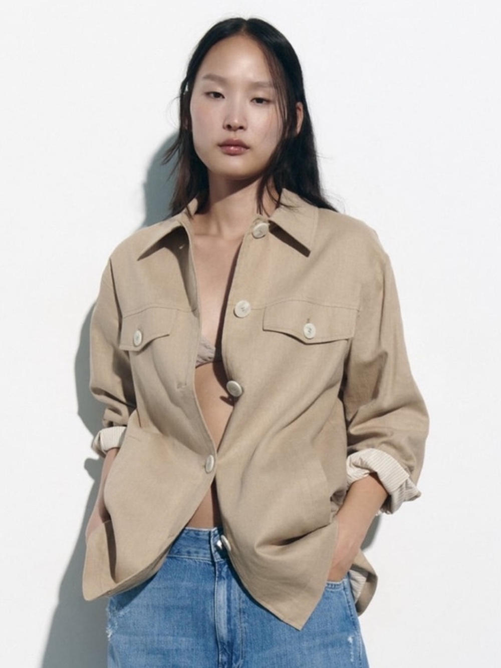 Zara Light Beige Linen-Blend Jacket - size S